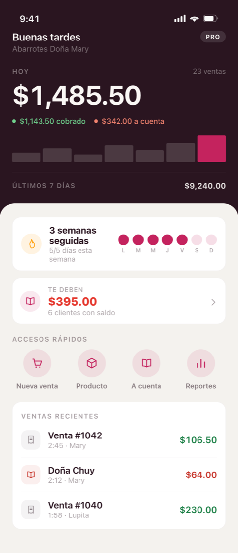 Pantalla de inicio de Tu Tiendita con las ventas del d&iacute;a y qui&eacute;n te debe